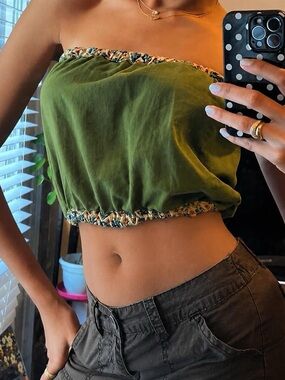reworked olive green tube top, floral trim, vintage materials